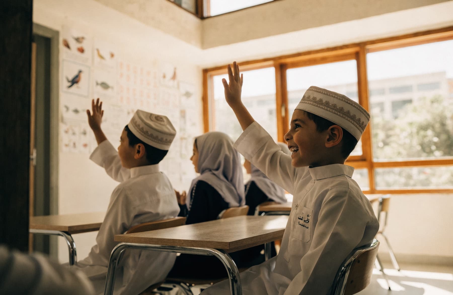 Omani schoolchildren raising their hands in a bright classroom